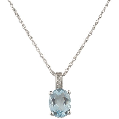 14K White Gold Aquamarine and Diamond Pendant On Chain