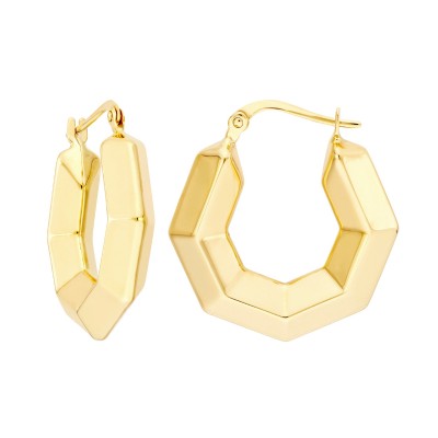 14K Yellow Gold 3D Hexagon Hoop Earrings