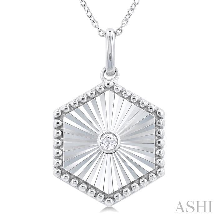 Silver Hexagon Shape Fluted Medallion Diamond Pendant-3