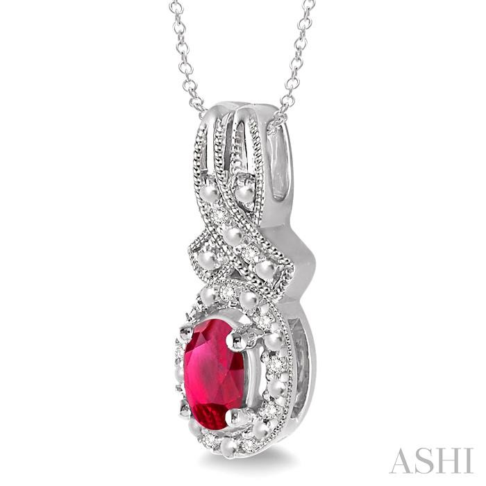 Silver Oval Shape Gemstone & Halo Diamond Pendant-2